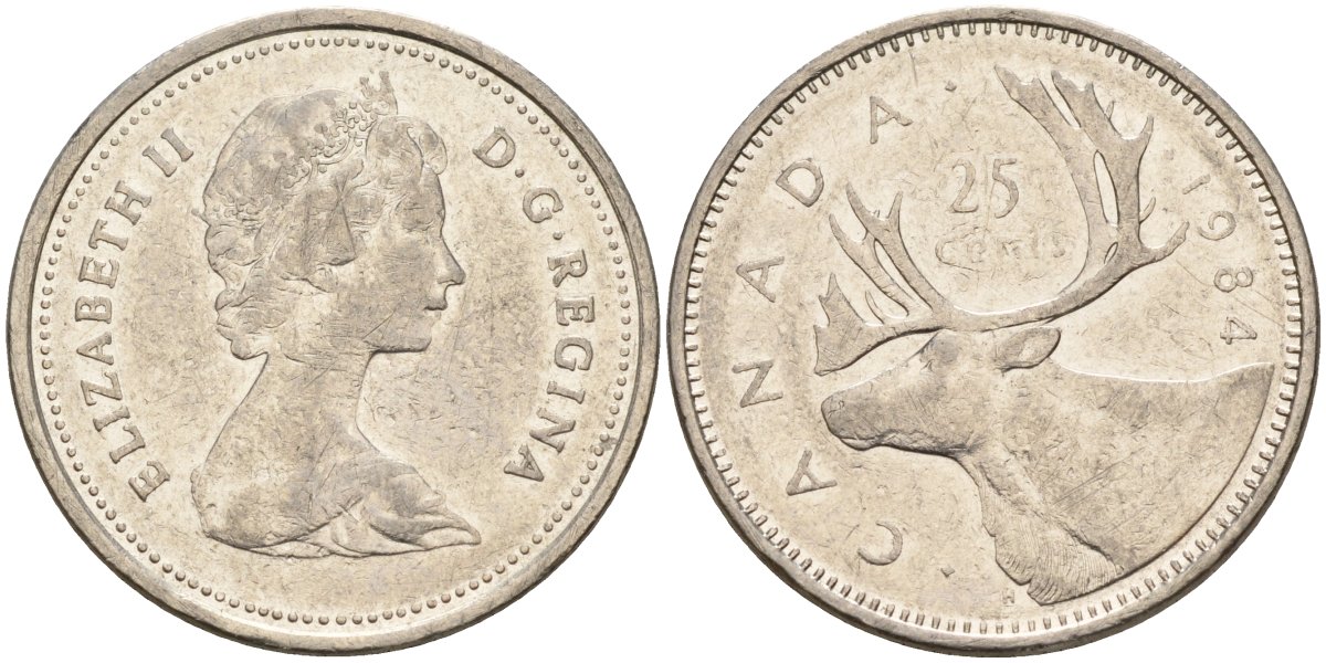 Канада 25 центов 1984 Елизавета II (1952-), олень, второй портрет в короне KM 74 никель 4143-1235