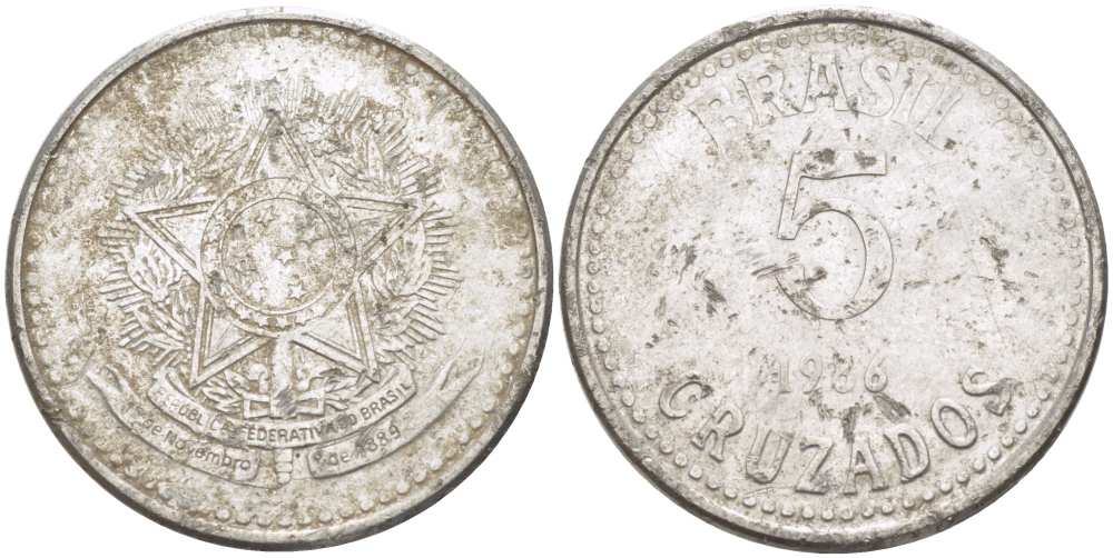 Бразилия 5 крузадо 1986 реформа (1986-1989) KM 606 нержавеющая сталь 31-627