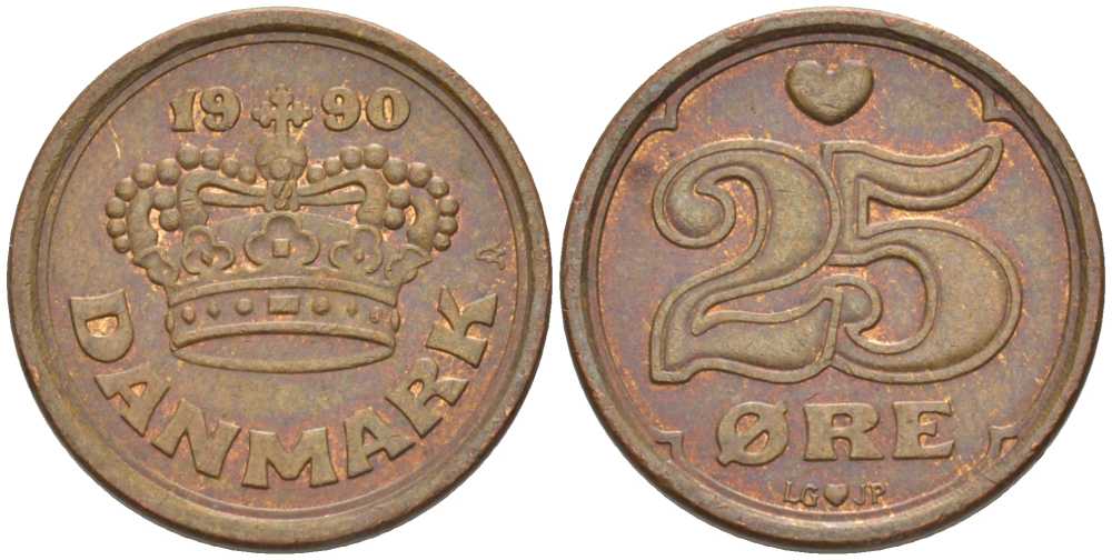 ДАНИЯ 25 ЭРЕ 1990 LG; JP; A, МАРГРЕТЕ II (1972-) KM 868.1 бронза 100-612