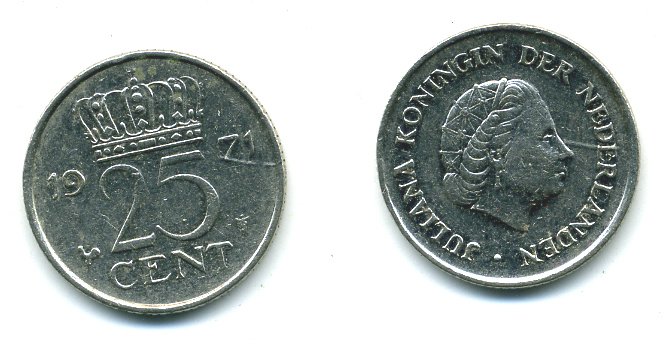 НИДЕРЛАНДЫ 25 ЦЕНТОВ 1971 ЮЛИАНА KM 183 никель 54-1143