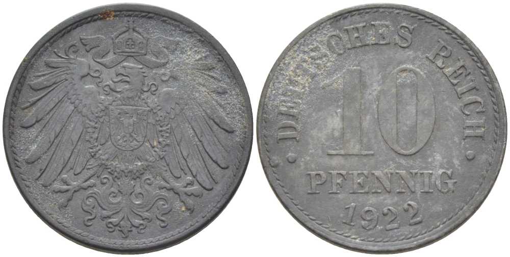ГЕРМАНИЯ 10 ПФЕННИНГОВ 1922 KM 26, J.299, Weege 8 цинк 202-226