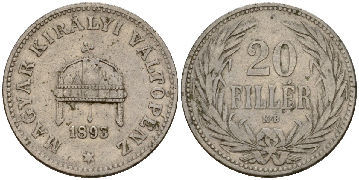 Венгрия 20 филлеров 1893 KB, Франц Иосиф I (1848-1916) KM 483 никель 4575-151