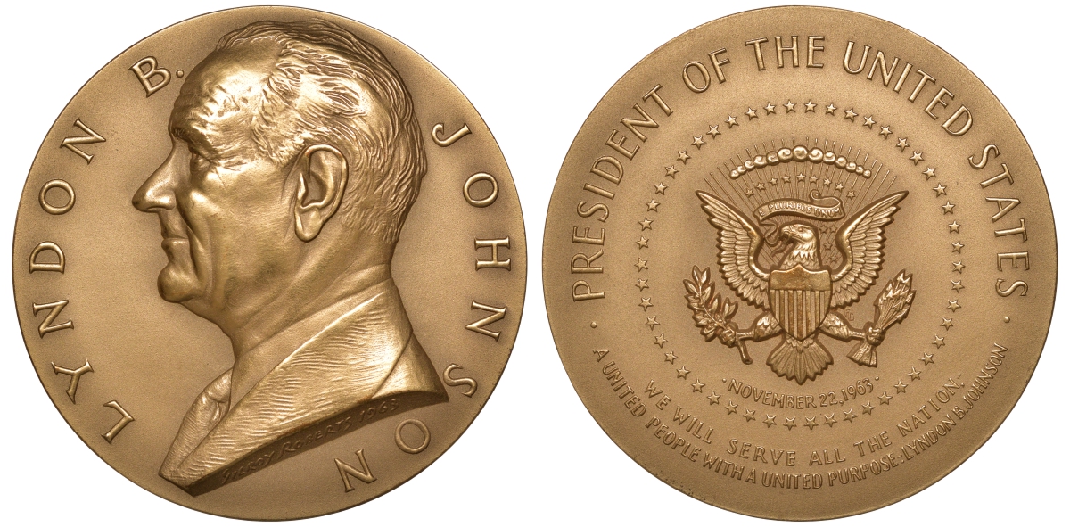 США медаль 1963 президент Джонсон, 71,0 мм, 217,1 гр бронза UNC 8-1-07-08