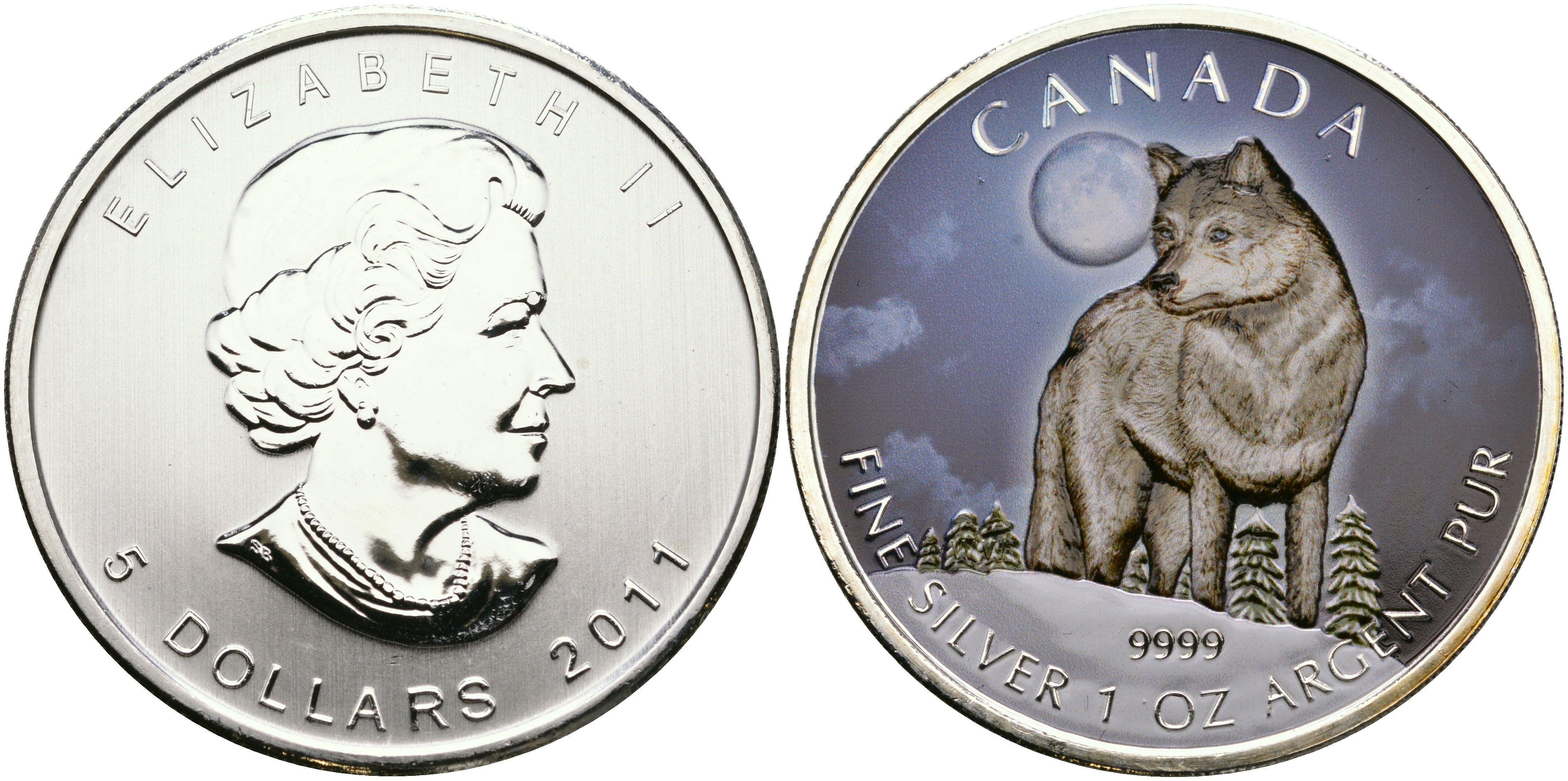 Канада 5 долларов 2011 серия Животный мир Канады, волк, в оригинальной коробке с сертификатом тираж 5000 экз., цветная эмаль серебро UNC 4-3-2-12