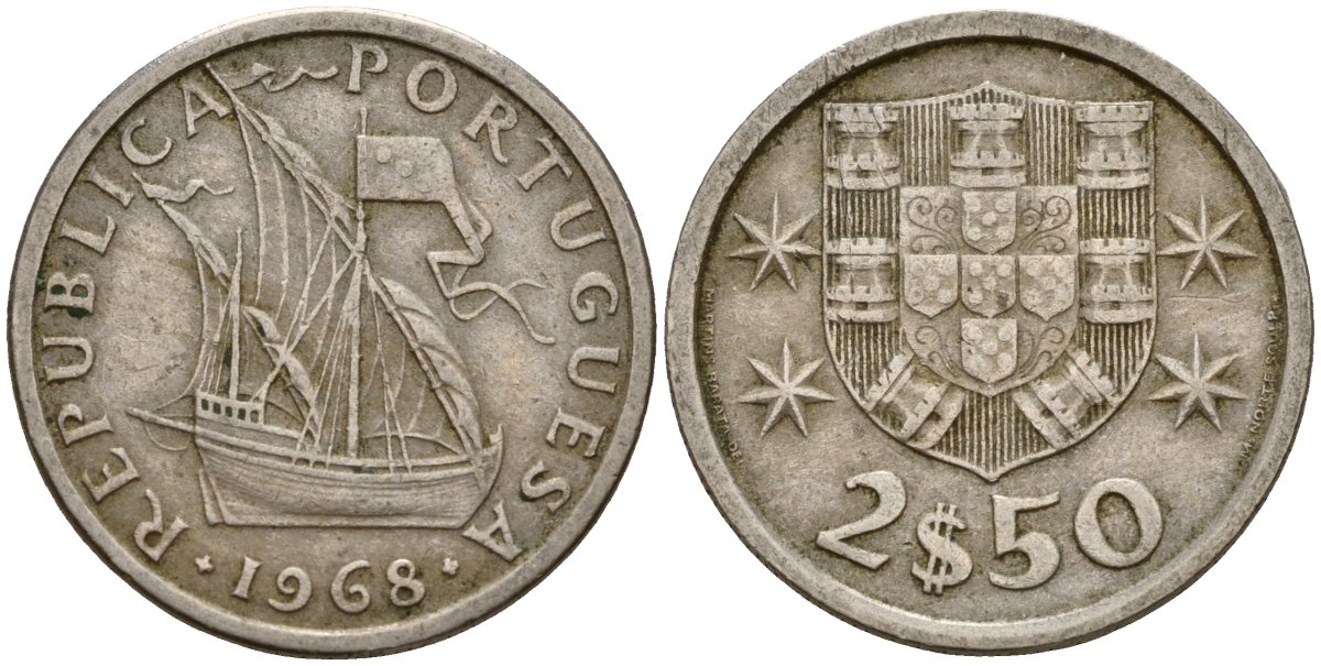 Португалия 2,5 эскудо 1968 парусник KM 590 медно-никель 212-1033
