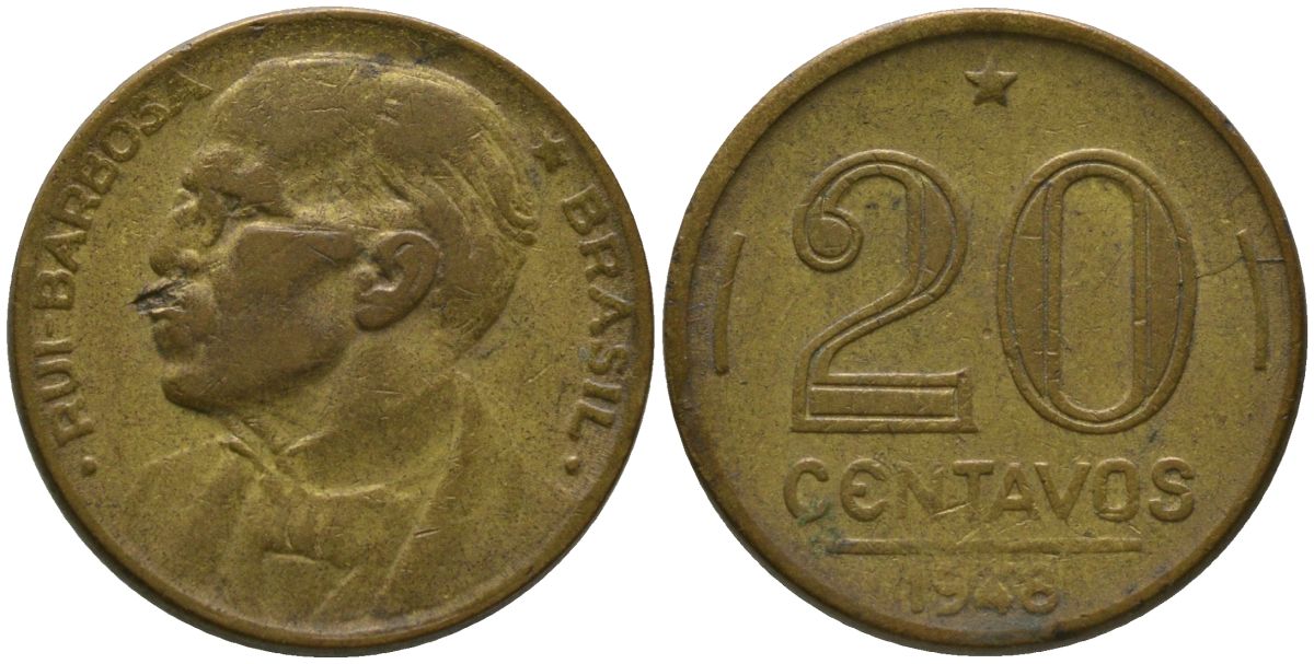 Бразилия 20 сентаво 1948 Руй Барбоза ди Оливейра KM 562, Schon 65 алюминиевая бронза 4567-835