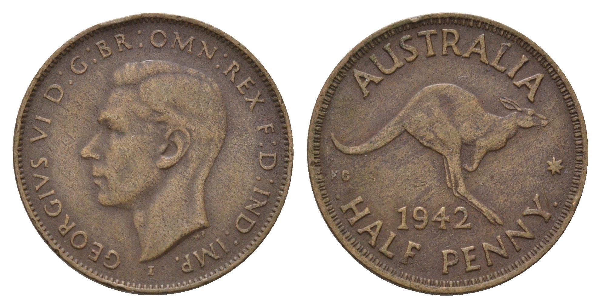 Австралия 1/2 пенни 1942 Георг VI (1936-1952), кенгуру KM 41 бронза 4620-337