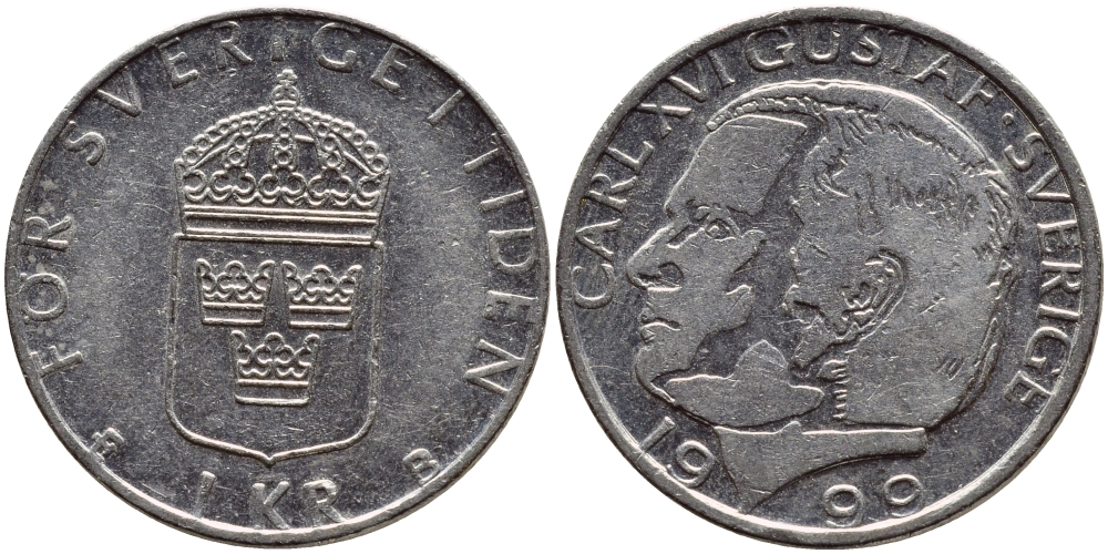 Швеция 1 крона 1999 Карл XVI Густав (1973- ) KM 852a медно-никель 4385-516