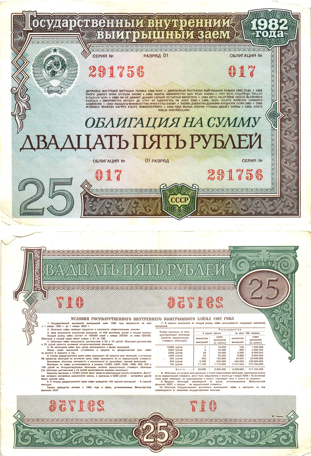 СССР облигация в 25 рублей 1982 государственный внутренний выигрышный заем, разряд 01   бумага   8609-32-2-2