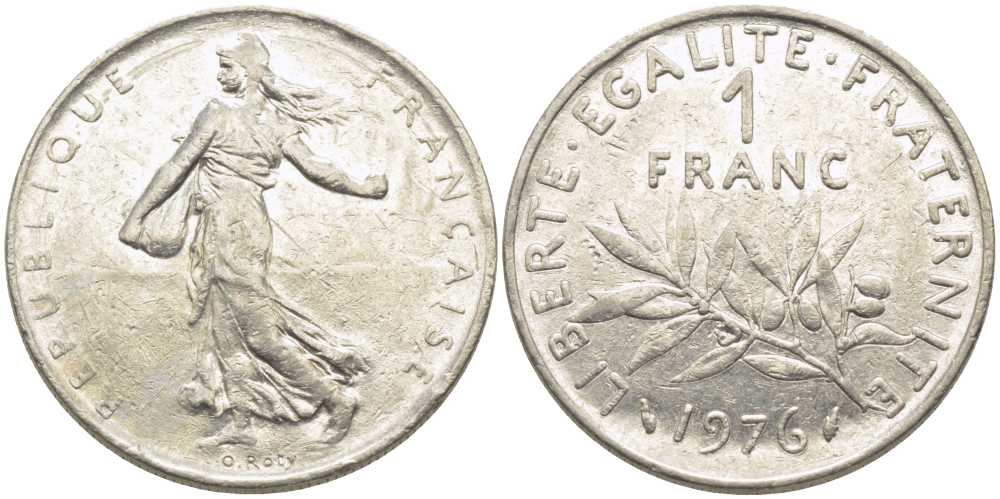 ФРАНЦИЯ 1 ФРАНК 1976 СЕЯТЕЛЬ KM 925.1, LE FRANC 226.21 никель 175-536