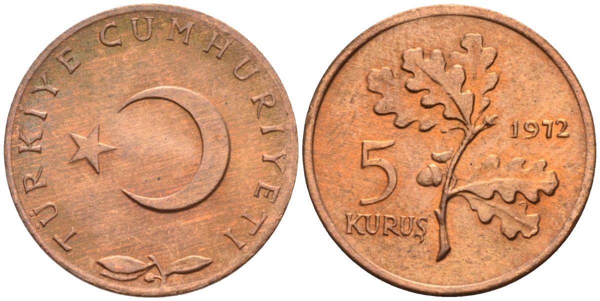 Турция 5 курушей 1972 KM 890.2 бронза UNC 4588-652