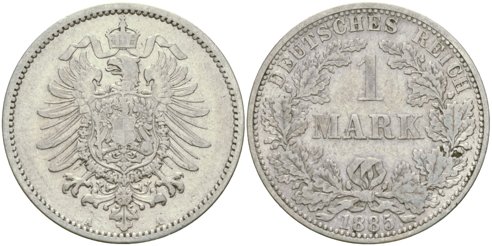 Германия 1 марка 1885 A Weege 17, J. 9, KM 7 серебро 65-146