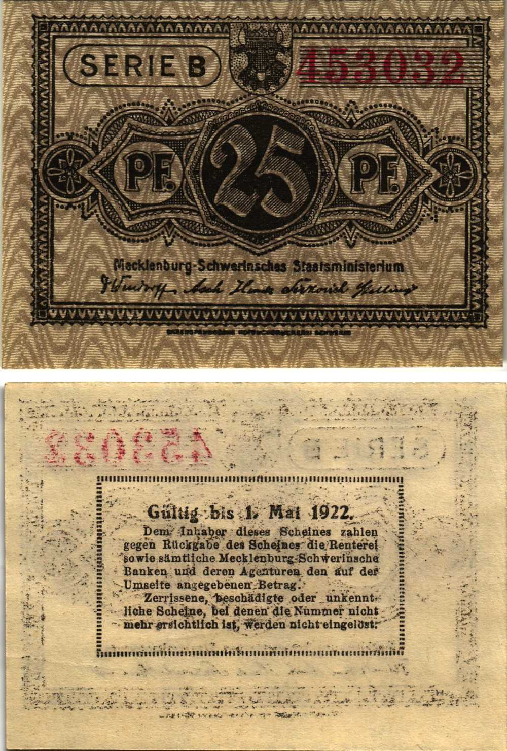 Мекленбург-Шверин 25 ПФЕННИГОВ 1922 НОТГЕЛЬД, 1 МАЯ 1922, ЗЕМЛЯ НИЖНЯЯ ПОМЕРАНИЯ Grabowski М21.1а бумага 8608-13-2-1