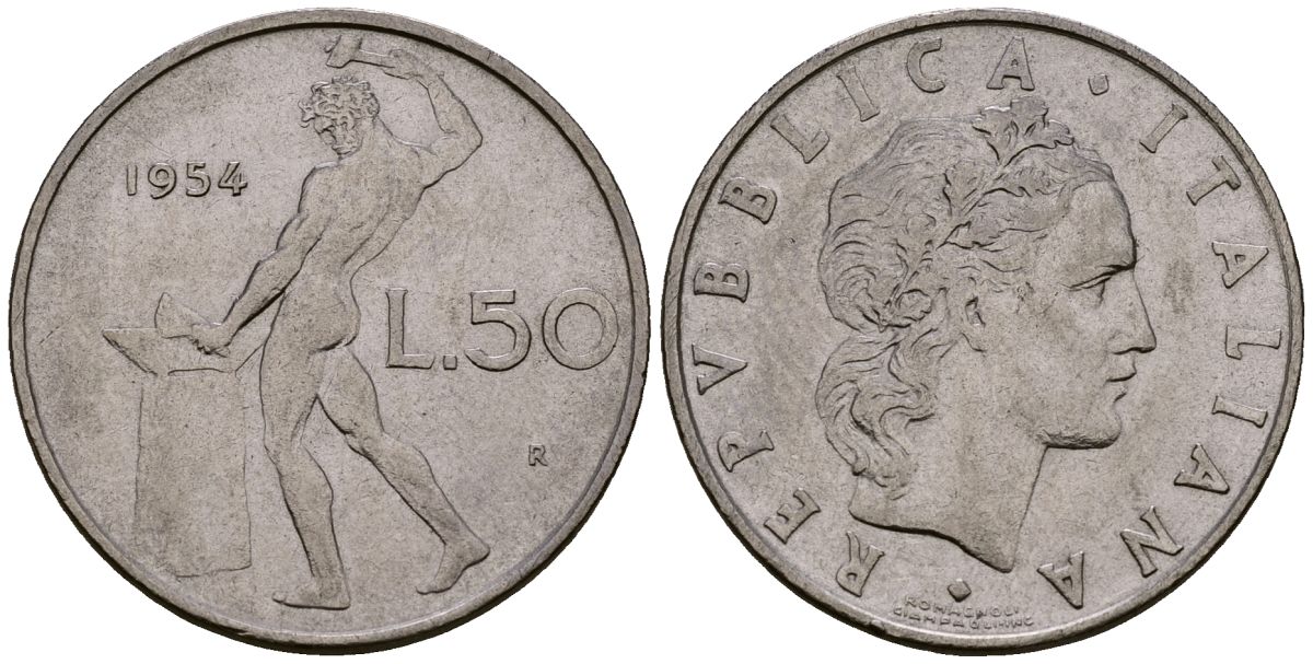 Италия 50 лир 1954 R, бог огня Вулкан у наковальни KM 95.1 нержавеющая сталь 4138-555