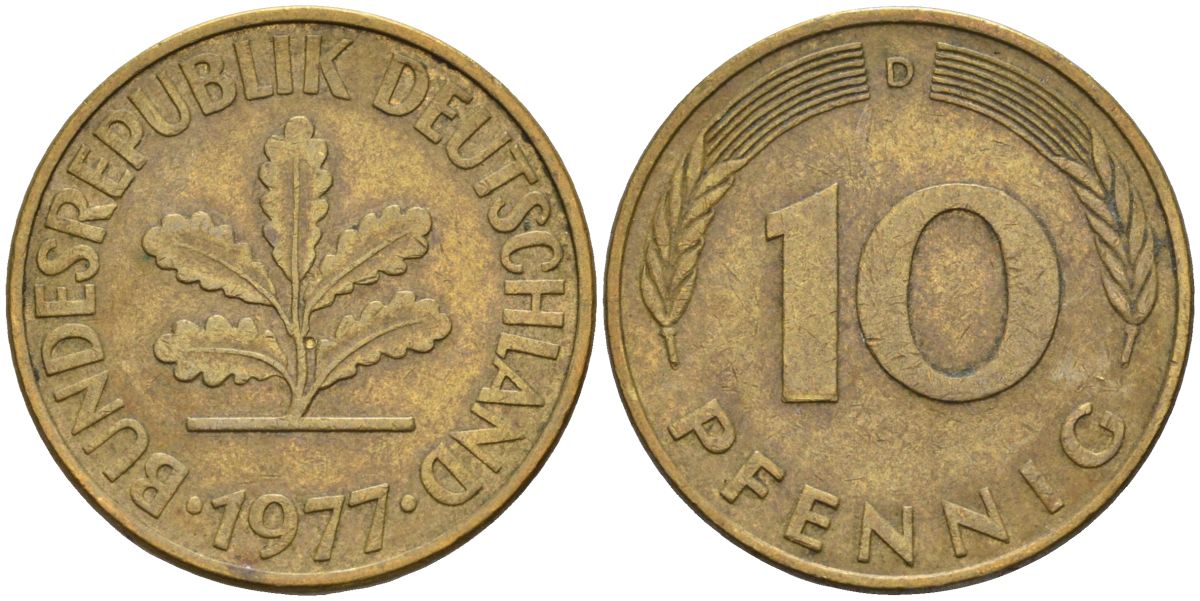 ФРГ 10 пфеннигов 1977 D KM 108 сталь плакированная латунью 4126-536