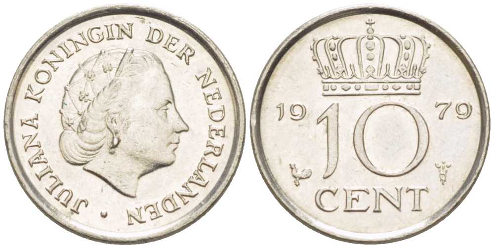 НИДЕРЛАНДЫ 10 ЦЕНТОВ 1979 ЮЛИАНА (1948-1980) KM 182 никель 211-1248