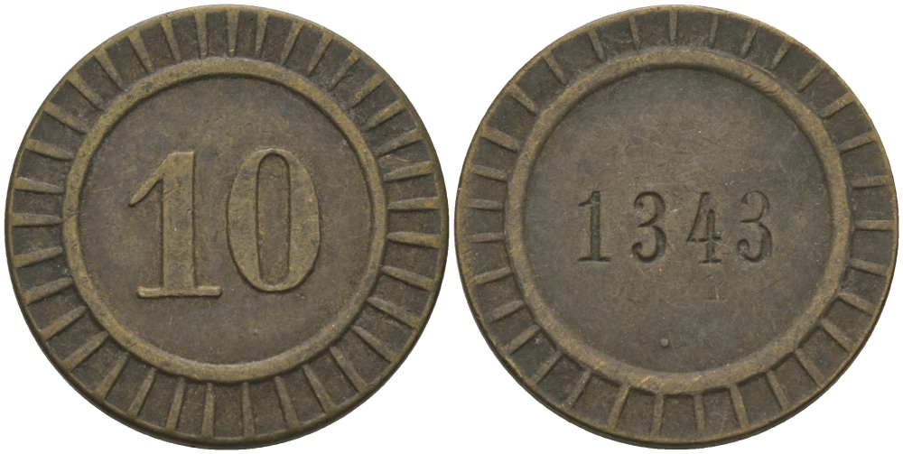 ФРАНЦИЯ 10 САНТИМОВ ND ПЛАТЕЖНЫЙ ЖЕТОН НАЧАЛА XX ВЕКА, НА АВЕРСЕ НОМИНАЛ, НА РЕВЕРСЕ 1343, ДИАМЕТР 20 ММ. латунь 99-542