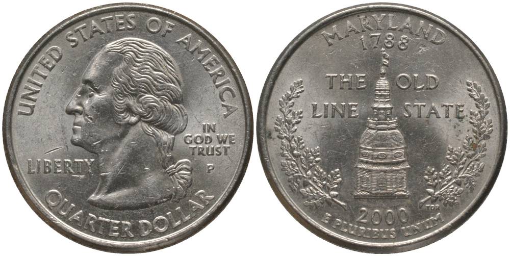 США 25 центов = квотер 2000 Р, серия штаты США, Мэриленд KM 306 медь плакированная медно-никелем 181-123