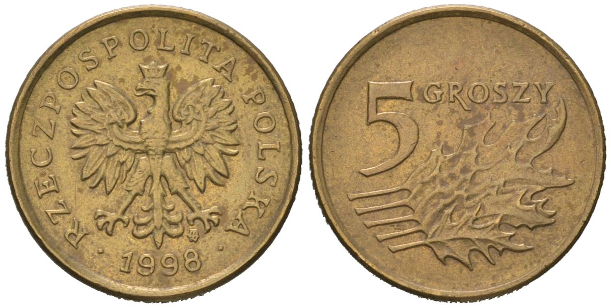 Польша 5 грошей 1998 MW KM 278, Parchimowicz 703e латунь aUNC 4547-215