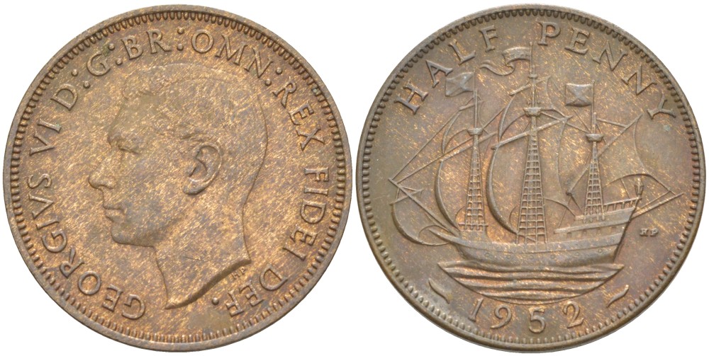Великобритания 1/2 пенни 1952 Георг VI (1936-1952) KM 868, Spink 4118 бронза 94-454