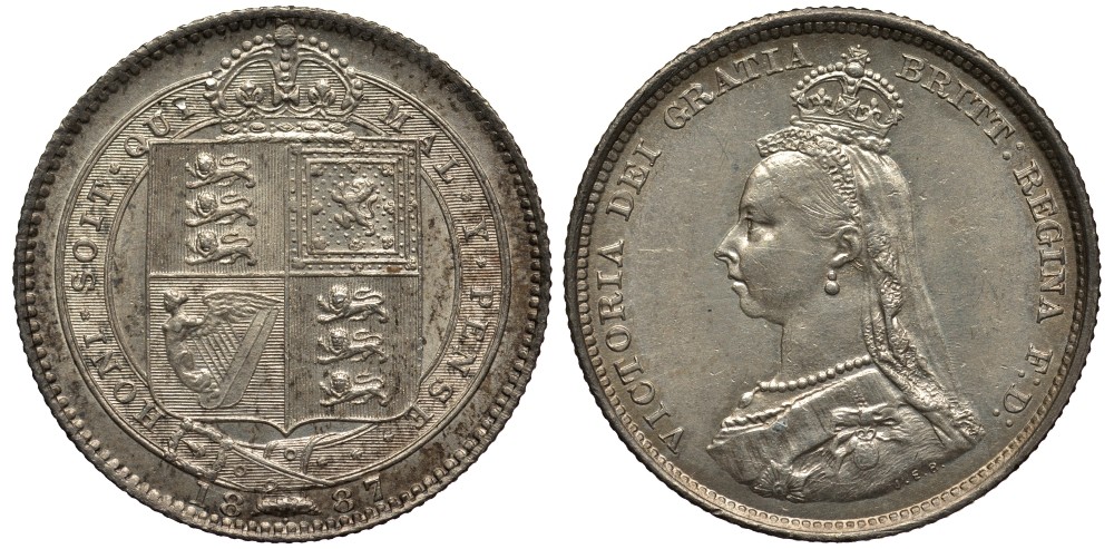 Великобритания 1 шиллинг 1887 Виктория (1837-1901) KM 761, Spink 3926 серебро 00-00