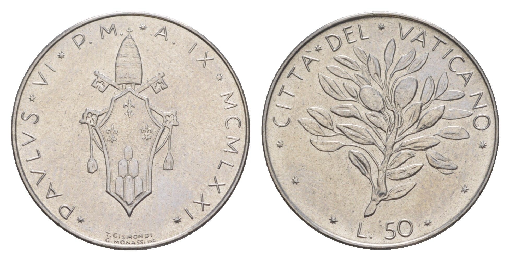 Ватикан 50 лир 1971 MCMLXXI, Павел VI KM 121 нержавеющая сталь UNC 4648-124