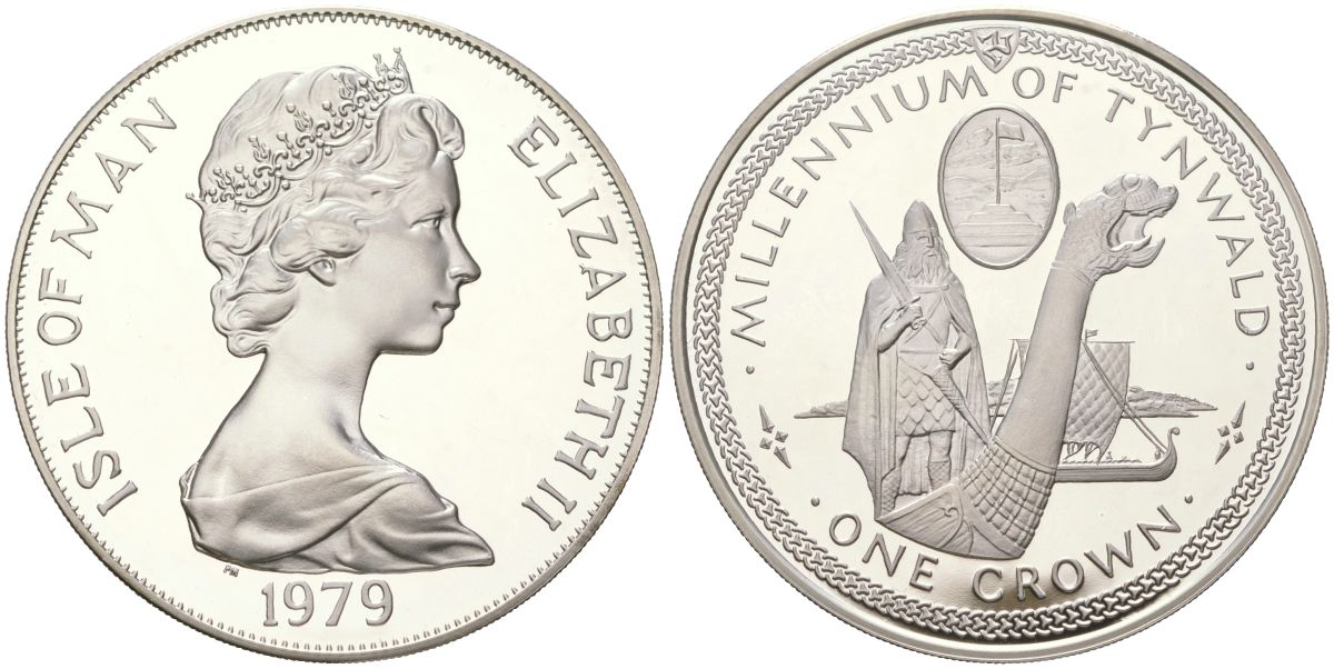 Остров Мэн 1 крона 1979 1000 лет Тинвальду - Драккар KM 46a серебро PROOF 1530-1323
