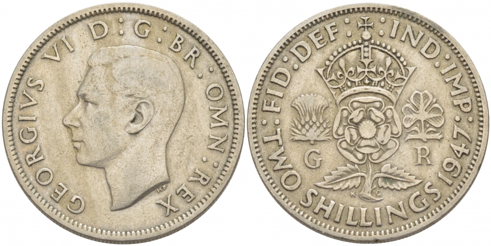Великобритания 2 шиллинга (флорин) 1947 Георг VI (1936-1952) KM 865, Spink 4102 медно-никель 4403-242