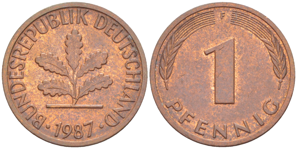 ФРГ 1 ПФЕННИГ 1987 F KM 105, J. 380 сталь плакированная медью 4181-667