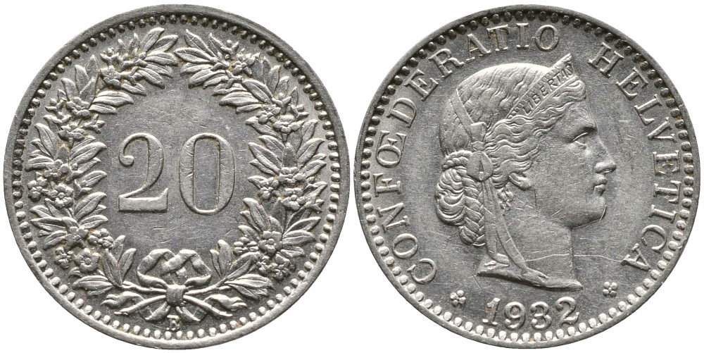 ШВЕЙЦАРИЯ 20 РАППЕНОВ 1932 В KM 29 никель 4539-536