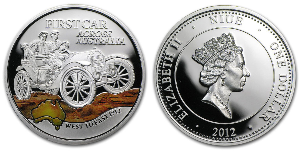 Ниуэ 1 доллар 2012 первый автомобиль пересекший Австралию, цветная эмаль KM NEW серебро PROOF 1074-2-41