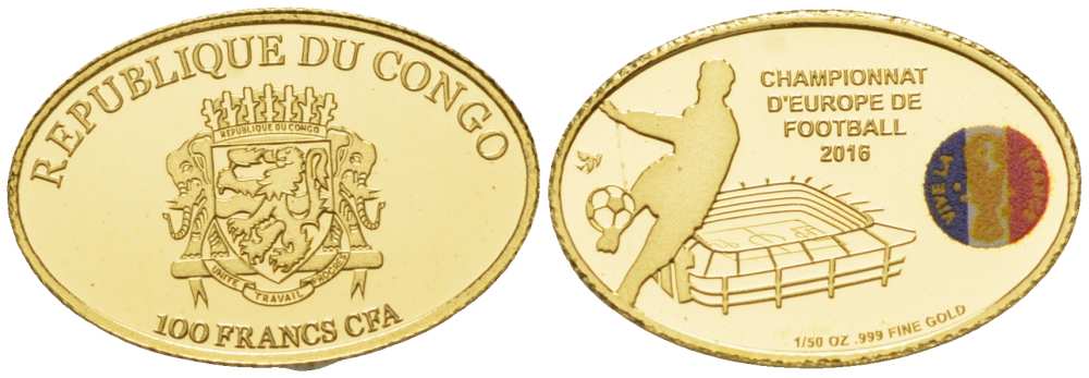 Конго 100 франков 2016 чемпионат Европы по футболу во Франции, овал, эмаль KM NEW золото PROOF 00-820-02