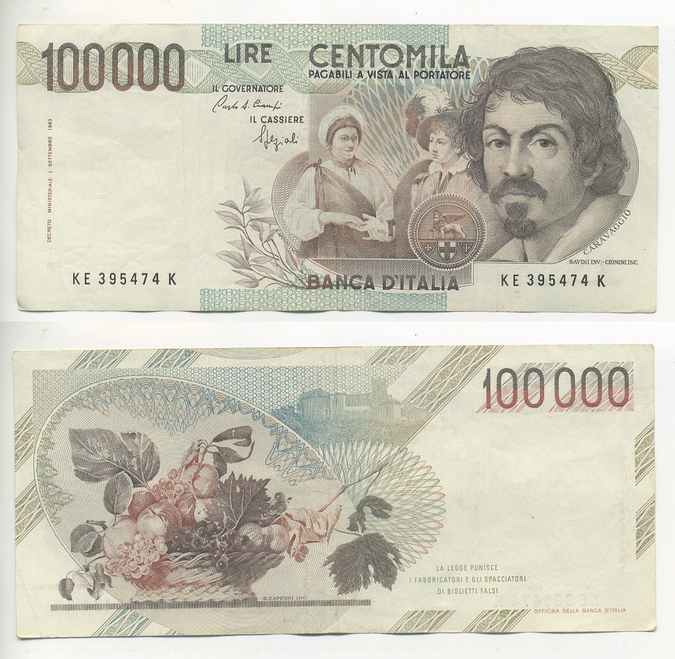 Италия 100000 лир 1983 Караваджо, фруктовый букет, подпись Speziali Pick 110b бумага 7220-14-2