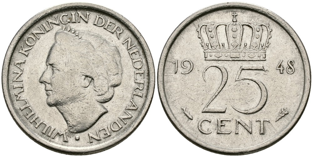 НИДЕРЛАНДЫ 25 ЦЕНТОВ 1948 ВИЛЬГЕЛЬМИНА KM 178 никель 46-2137