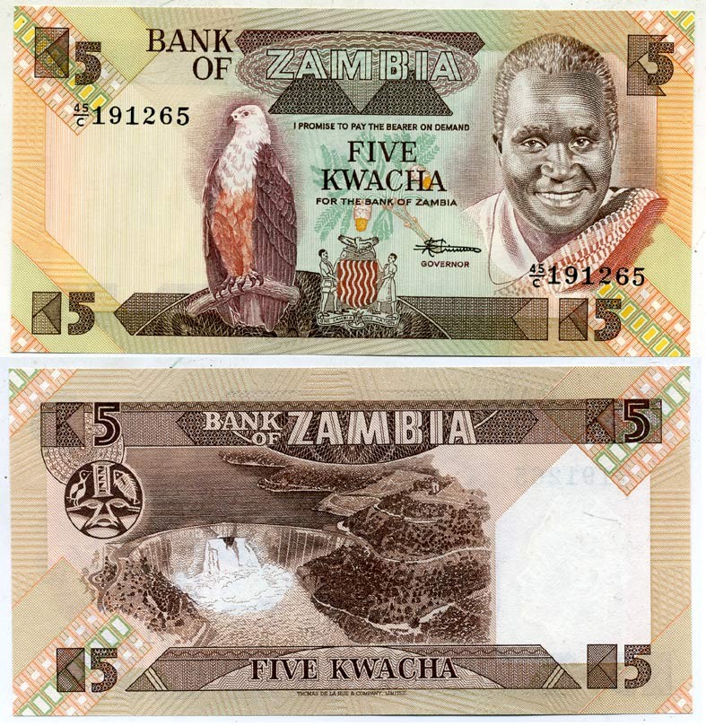 Замбия 5 квач ND (1980-88) Кеннет Каунда, Кариба ГЭС, подпись Chivuno Pick 25 d бумага UNC (пресс) 6299-15-2