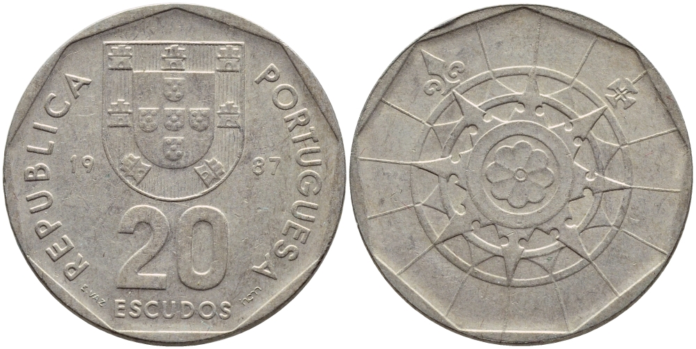 ПОРТУГАЛИЯ 20 ЭСКУДО 1987 INCM KM 634.1 медно-никель 4395-941