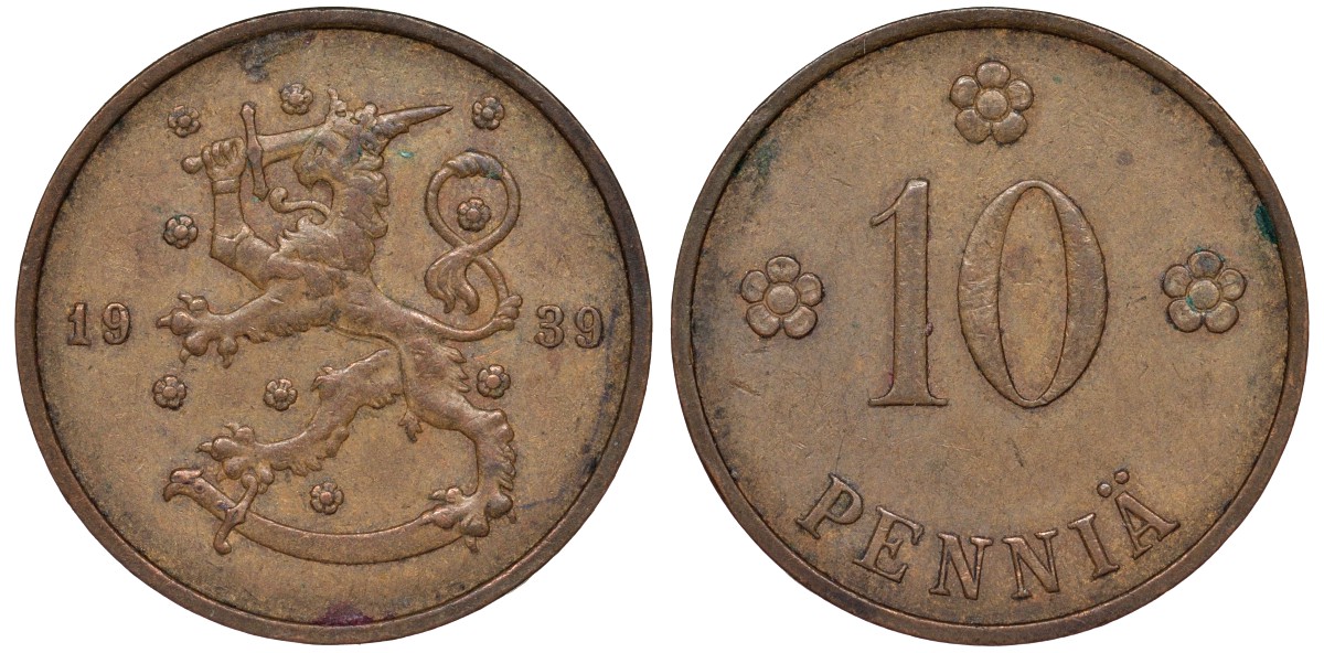 Финляндия 10 пенни 1939 KM 24 медь 51-3136