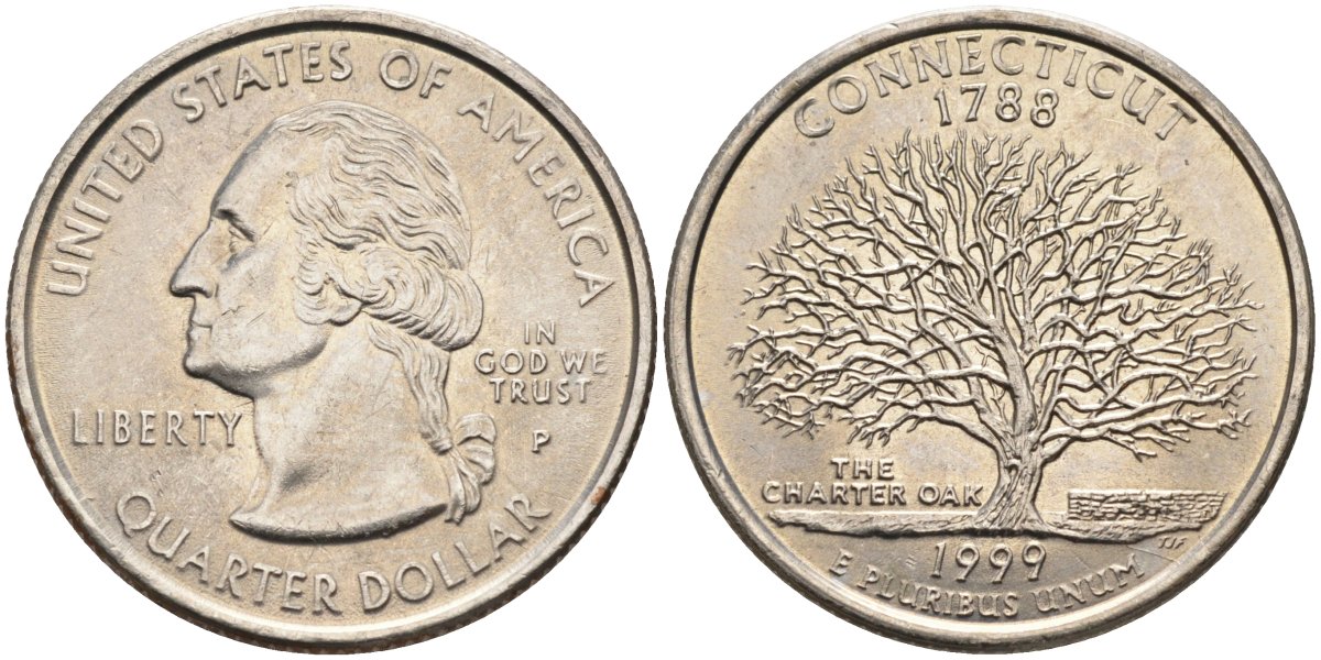 США 25 центов = квотер 1999 Р, серия штаты США, Коннектикут KM 297 медь плакированная медно-никелем 4586-117