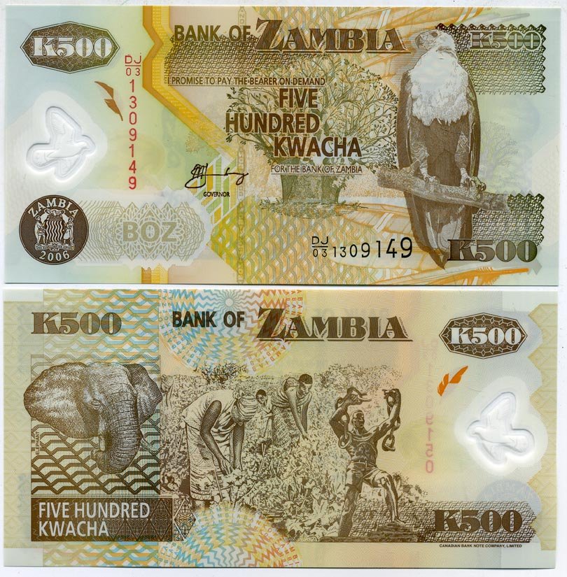 Замбия 500 квач 2006 орлан крикун, слон, сбор хлопка Pick 43 e пластик UNC (пресс) 448-42-3