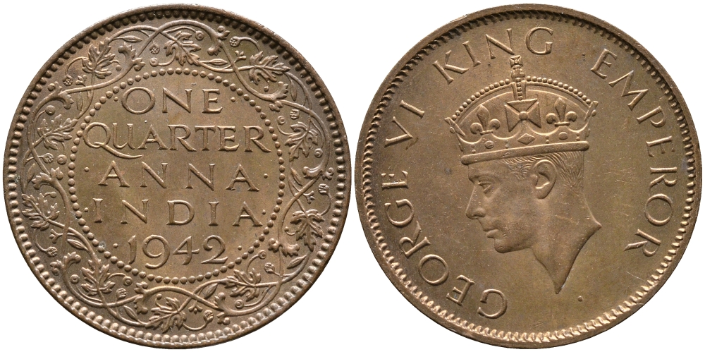 Британская Индия 1/4 анна 1942 Георг VI (1937-1952) KM 531 бронза aUNC 3999-135