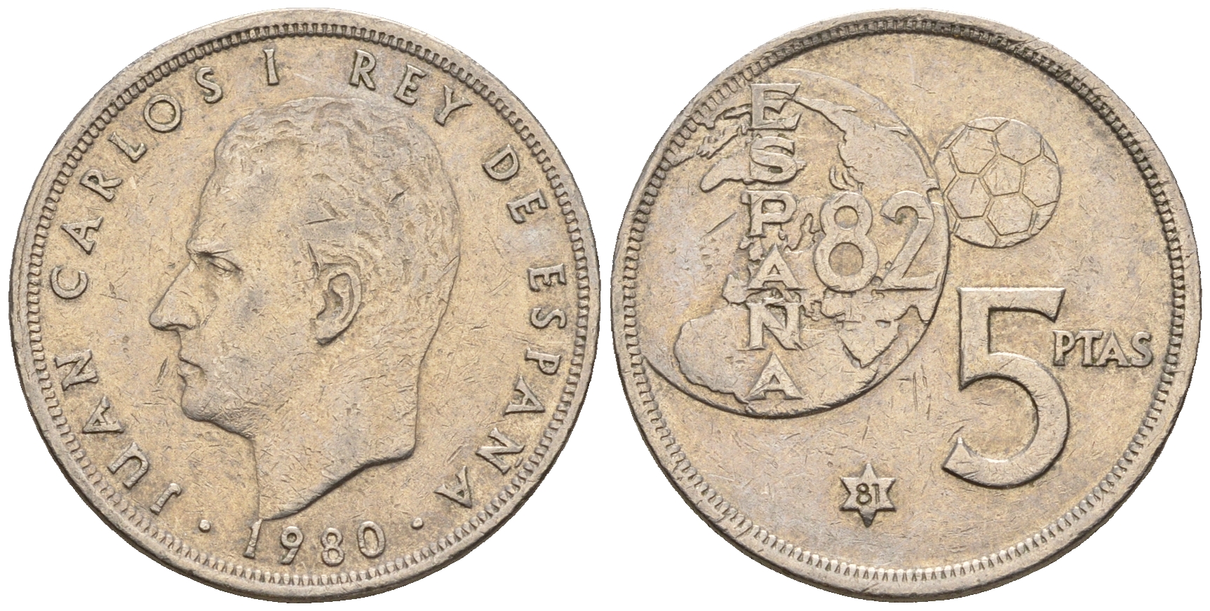 Испания 5 песет 1981 (80) Хуан Карлос I, чемпионат мира по футболу, Испания 1982 KM 817 медно-никель 259-1116