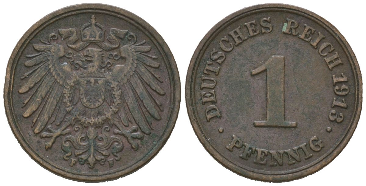Германия 1 пфенниг 1913 F, Вильгельм II (1888-1918) KM 10, J. 10, Weege 2 медь 4615-227