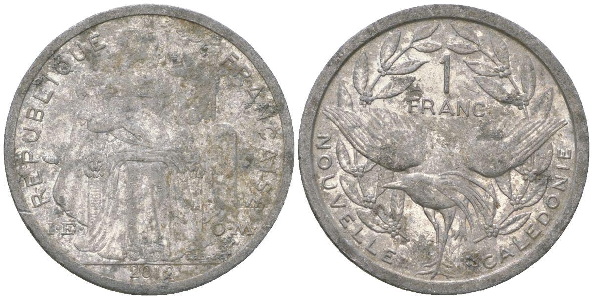 Французская Новая Каледония 1 франк 2012 птица кагу, (IEOM) KM 10, Schoen 10 алюминий 36-535