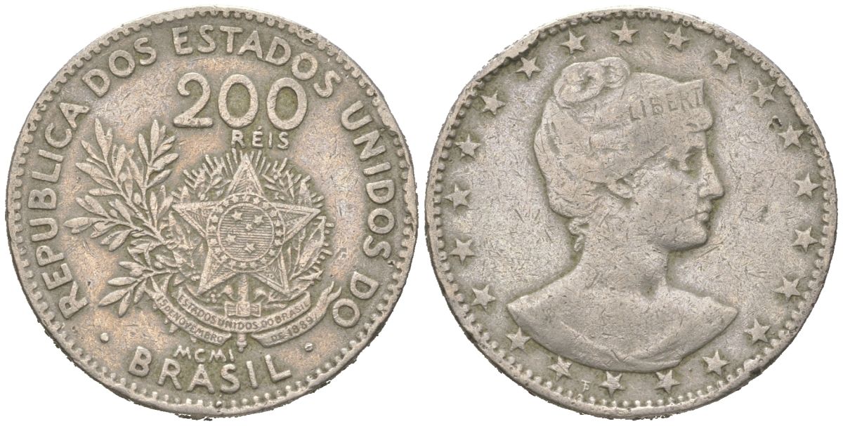 Бразилия 200 реалов 1901 MCMI, голова свободы вправо KM 504 медно-никель 4612-244