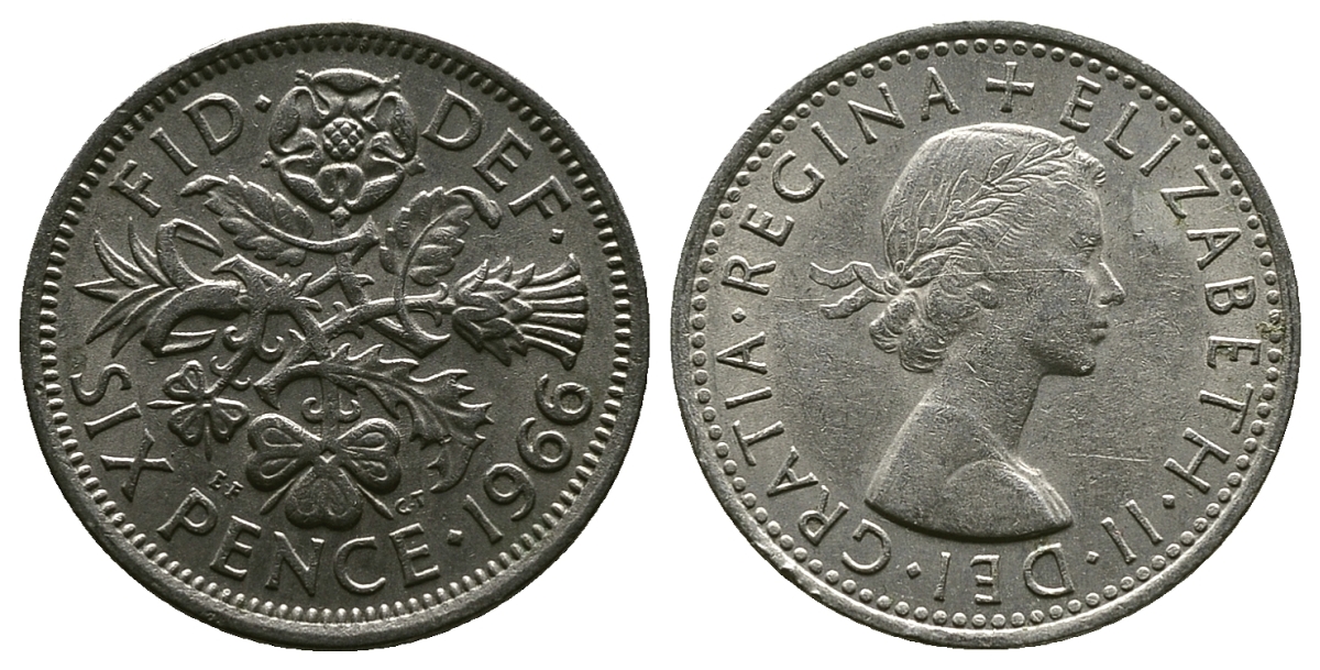 Великобритания 6 пенсов 1966 Елизавета II (1952-2022) KM 903, Spink 4149 медно-никель 4381-855
