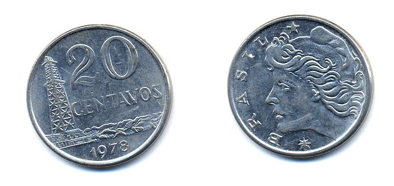 Бразилия 20 сентаво 1978 голова Свободы влево KM 579.1a, Schon 84b нержавеющая сталь 51-4443