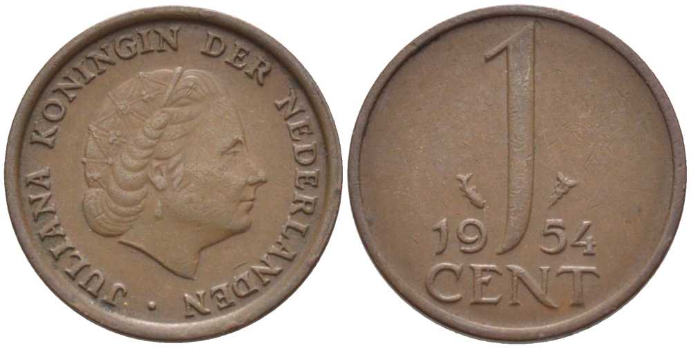 Нидерланды 1 цент 1954 Юлиана (1949-1980) KM 180 бронза 206-246