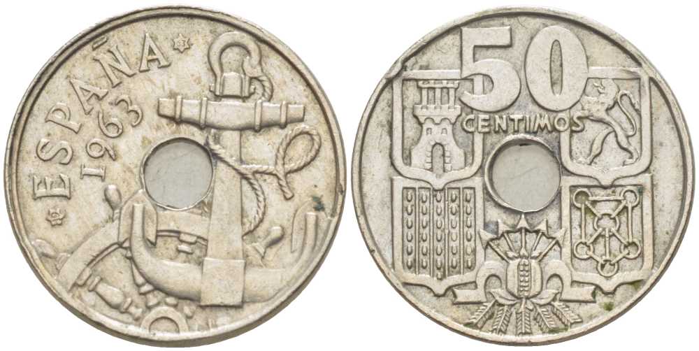 ИСПАНИЯ 50 СЕНТИМО 1963 (63) ФРАНСИСКО ФРАНКО ДИКТАТОР ИСПАНИИ (1939-1975), МОРСКАЯ АТРИБУТИКА KM 777 медно-никель 212-927