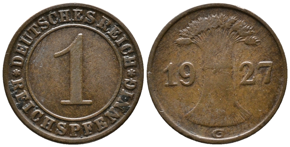 ГЕРМАНИЯ 1 РЕЙХСПФЕННИГ 1927 G KM 37, J. 313 бронза 39-943
