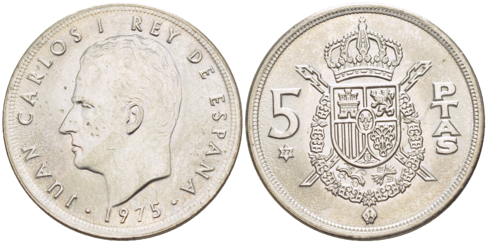 ИСПАНИЯ 5 ПЕСЕТ 1975 (77) ХУАН КАРЛОС I ( 1975-) KM 807 медно-никель UNC 216-446